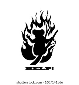 Black silhouette of koala in fire. Pray for Australia. Isolated icon of wood wildfire on white background. Australian animals at risk. Vector illustration