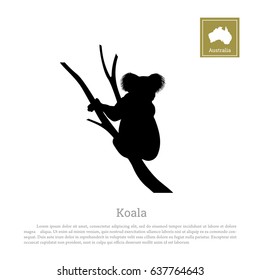 Black silhouette of koala on white background. Animal of Australia. Vector illustration