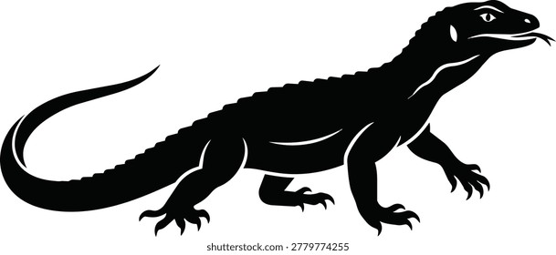 A black silhouette of a Komodo dragon walking with its forked tongue sticking out, showcasing its reptilian features.