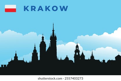 Black silhouette of Krakov city skyline with text and flag. Vector on the background of blue sky and white clouds