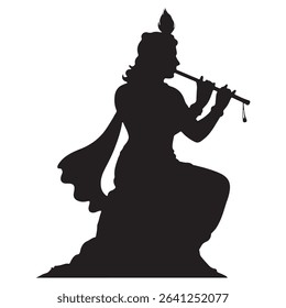 a black silhouette of krishna playing his flute. the figure is seated and is a simple yet elegant representation of the hindu deity.