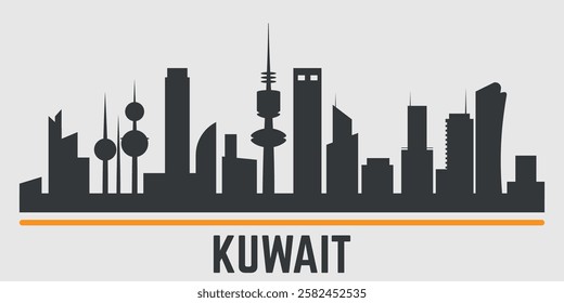 Black silhouette of Kuwait city skyline emphasized by orange line. Vector on a gray background