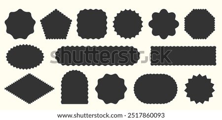 Black silhouette Label shapes collection. Empty Wavy Scallop edge Geometric shape set. Abstract Starburst ellipse Frame icon Text Box. Simple Blank Tag Stamp mark Badge. Element for design