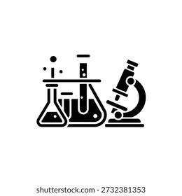 Silhueta preta de equipamento de laboratório com microscópio e copos sobre fundo branco