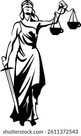 Black silhouette of Lady Justice holding scales and a sword. Vector illustration.