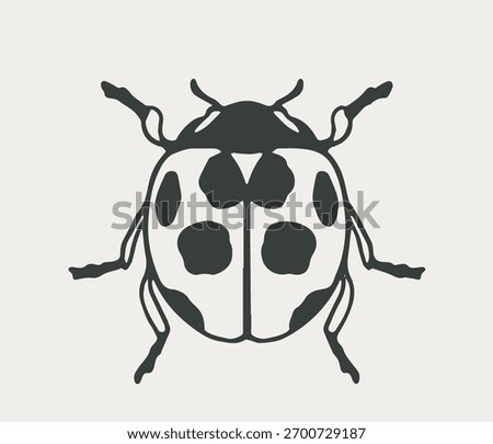 Black silhouette of a ladybug insect with six legs and spotted wings, minimalistic graphic style on light background. Concept of nature, entomology, wildlife. Vector illustration