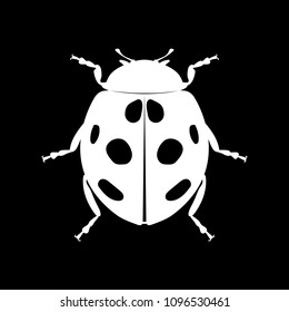 Black silhouette of a ladybug on a black background, an insect. Flat design. Vector illustration.
