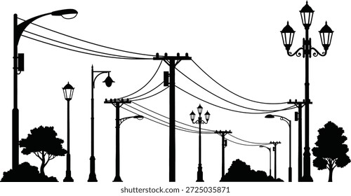 Eine schwarze Silhouette aus Lampenpfosten, Stromleitungen und Bäumen auf weißem Hintergrund, die eine Stadtstraßenszene darstellt.