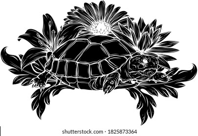 black silhouette Land turtle in the jungle vector illustration