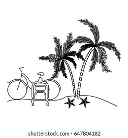 black silhouette with landscape in beach with bike and luggage next to palm trees vector illustration