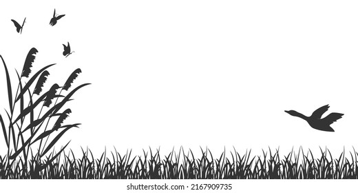 Black silhouette landscape with reeds and flying duck. Background with grass, reeds and butterflies.