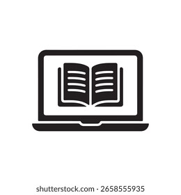 Black silhouette of a laptop computer displaying an open book, on a white background, depicting the concept of online learning and digital library.