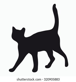 Black silhouette of a large adult cat isolated on a light background. The cat is waving his tail "pipe".