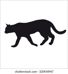 Black silhouette of a large adult cat isolated on a light background. The cat goes and waits for prey.
