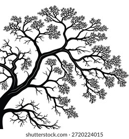 Silueta negra de un Grande árbol desnudo con intrincados patrones de ramificación contra un Vector de fondo blanco