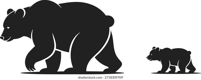 Silueta negra de un Grande oso y un Pequeño oso caminando