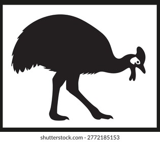 Black silhouette of large bird resembling emu or cassowary with rounded body long legs curved neck and distinct beak inside border on white background