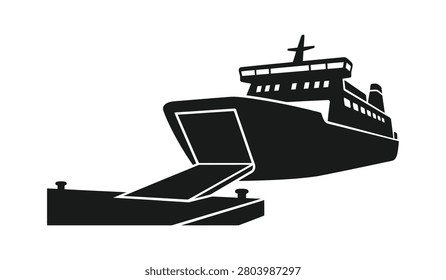A black silhouette of a large boat or ferry with its ramp extended to a dock on a white background.   