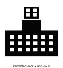 A black silhouette of a large building with many windows and a tower on top, creating a dramatic and mysterious atmosphere