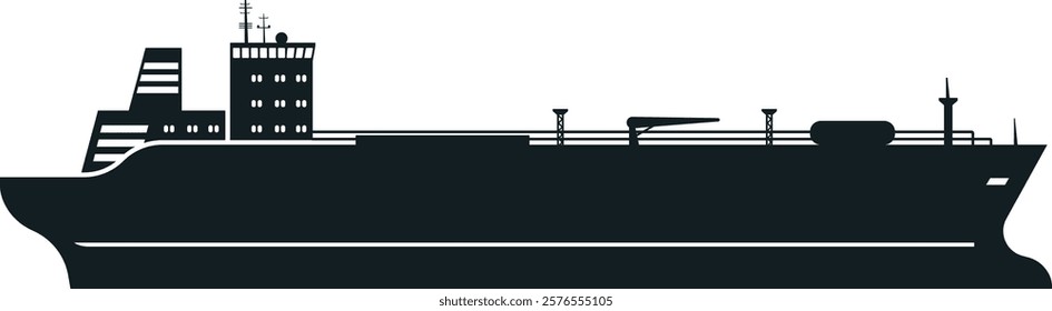 Black silhouette of a large cargo ship sailing on the ocean, featuring prominent cranes, antennas, and a command tower, conveying a sense of scale and maritime transport