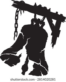 Black silhouette of a large cracked hanging church bell suspended from a wooden beam isolated on a white background, for dark themes