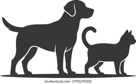 A black silhouette of a large dog standing next to a smaller cat, both facing right.