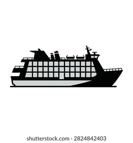 Black silhouette of a large ferry boat on water, transportation graphic