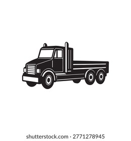 A black silhouette of a large flatbed tow truck with a single cab and three rear axles on a white background flatbed truck silhouette large vehicle