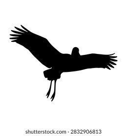 Black silhouette of a large flying stork crane or heron bird with spread wings and trailing legs vector illustration
