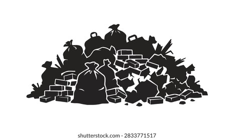 black silhouette of a large garbage pile with trash bags and debris isolated vector illustration