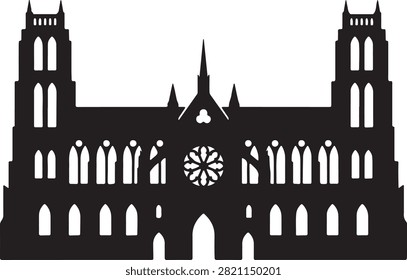 Black silhouette of a large gothic cathedral with two tall towers and a circular rose window on a white background