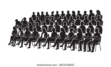 Black silhouette of a large group of people sitting in rows at a conference or lecture hall