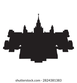 Black silhouette of a large, imposing building with symmetrical wings and a central tower. Monumental architecture, government.