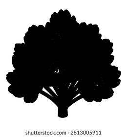 A black silhouette of a large, leafy tree with a thick trunk and abundant foliage, isolated on a white background.