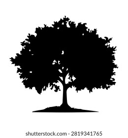 A black silhouette of a large, leafy tree with a sturdy trunk and expansive canopy, set against a plain white background.