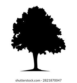 A black silhouette of a large, leafy tree with a thick trunk and expansive canopy, set against a plain white background, emphasizing natural beauty and growth.
