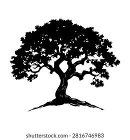 A black silhouette of a large mature tree with dense, spreading branches and lush foliage, isolated on a white background.