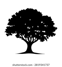 A black silhouette of a large, mature tree with dense, leafy canopy and sturdy trunk, isolated on a white background, emphasizing natural beauty and growth.