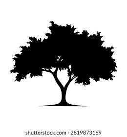 A black silhouette of a large, mature tree with abundant leaves and a sturdy trunk, set against a plain white background.