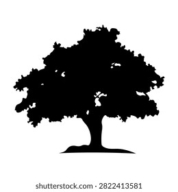 A black silhouette of a large, mature tree with dense, spreading branches and lush foliage, set against a plain white background.