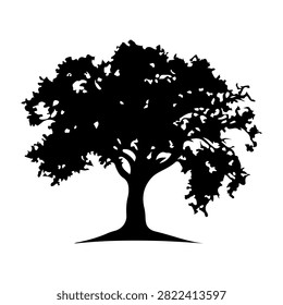A black silhouette of a large mature tree with dense, sprawling branches and lush foliage, set against a white background.