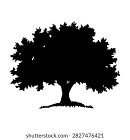 A black silhouette of a large, mature tree with dense, leafy canopy and sturdy trunk, isolated on a white background, emphasizing natural beauty and growth.