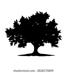 A black silhouette of a large, mature tree with dense foliage and sprawling branches, set against a white background, emphasizing natural beauty and growth.