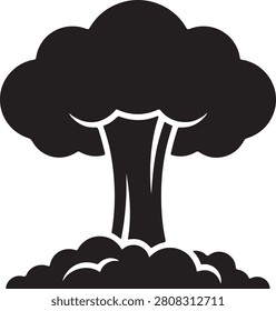 Black silhouette of a large mushroom cloud explosion or a dense tree canopy shape, representing nature or destruction, isolated on white