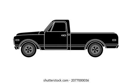 Black silhouette large old retro pickup truck on white background. Vector flat vintage transport suv car