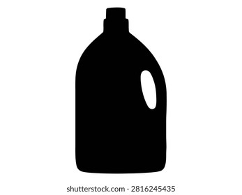 A black silhouette of a large plastic laundry detergent bottle with a handle and a screw cap, isolated on a white background for use.