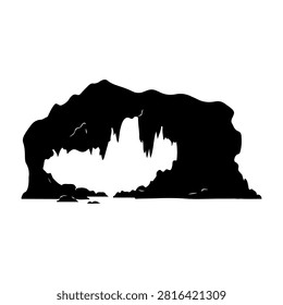 Black silhouette of a large rock formation featuring a prominent cave opening, isolated on a white background, emphasizing natural geological features.
