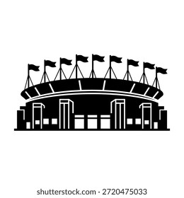 Schwarze Silhouette eines großen Stadions mit Fahnen auf der Oberseite, die eine Sport- oder Event-Arena darstellen.