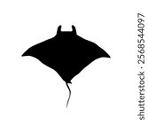 Black silhouette of a large stingray isolated on white. Top view. Hand drawn.