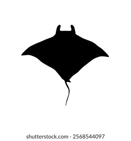 Black silhouette of a large stingray isolated on white. Top view. Hand drawn.